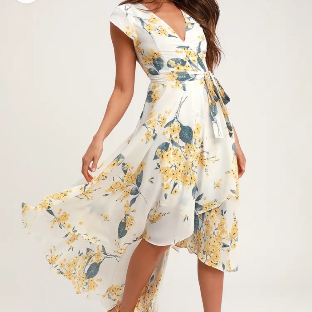 French Countryside White and Yellow Floral Print High-Low Dress